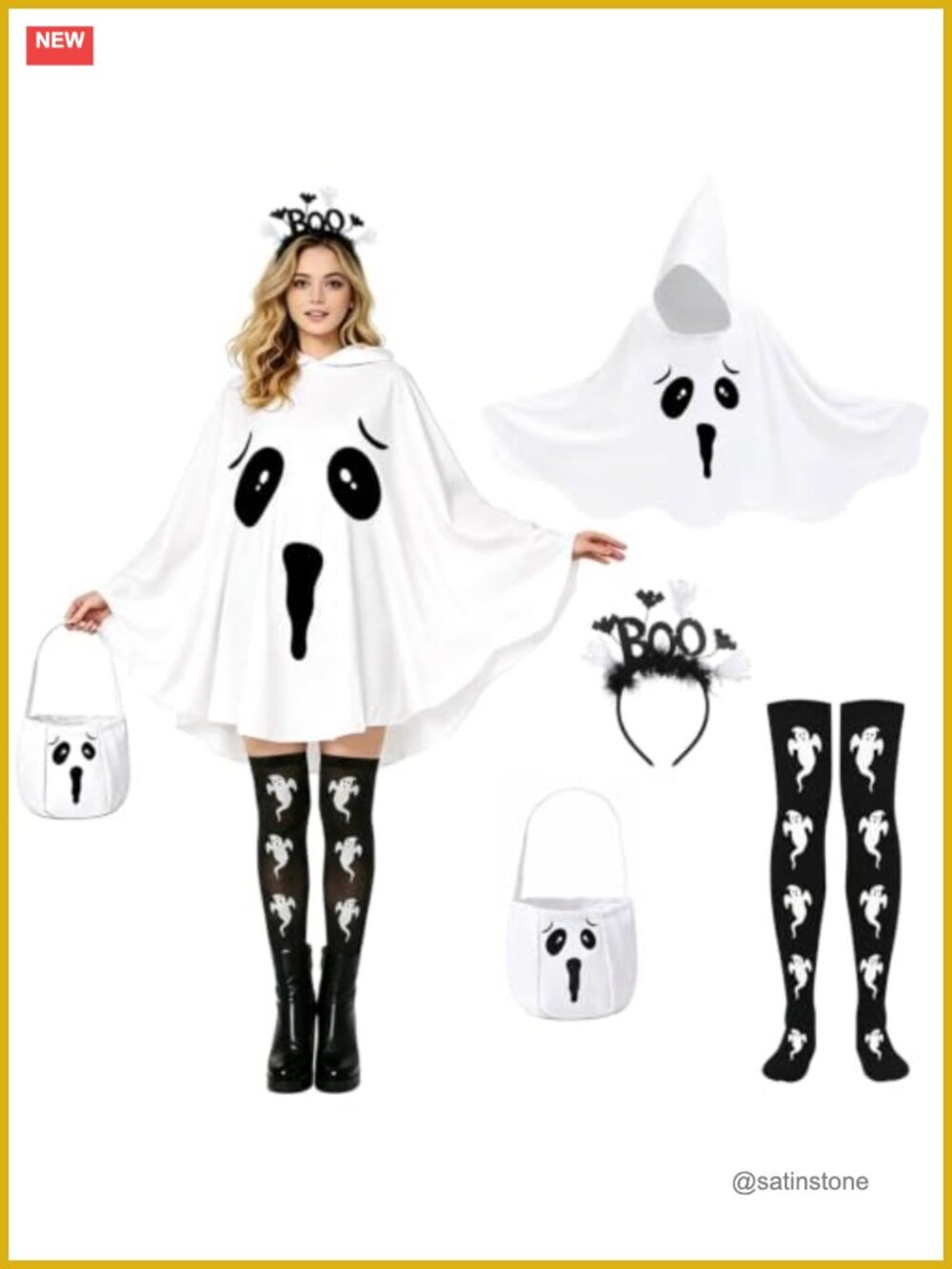 Hooded Ghost Poncho Costume Set Adult Halloween Cosplay